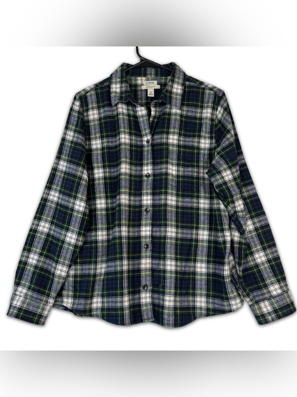 LL Bean Relaxed‎ Fit Flannel Shirt Womens PM Petite Medium Blue Green Plaid